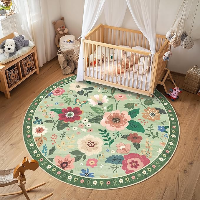 Floral 4ft Area Rug Machine Washable Soft Print Boho Carpet Non Slip Doormat Low Pile Flower Area Rugs for Living Room Bedroom Nursery Kitchen Dining Room Indoor-Light Green