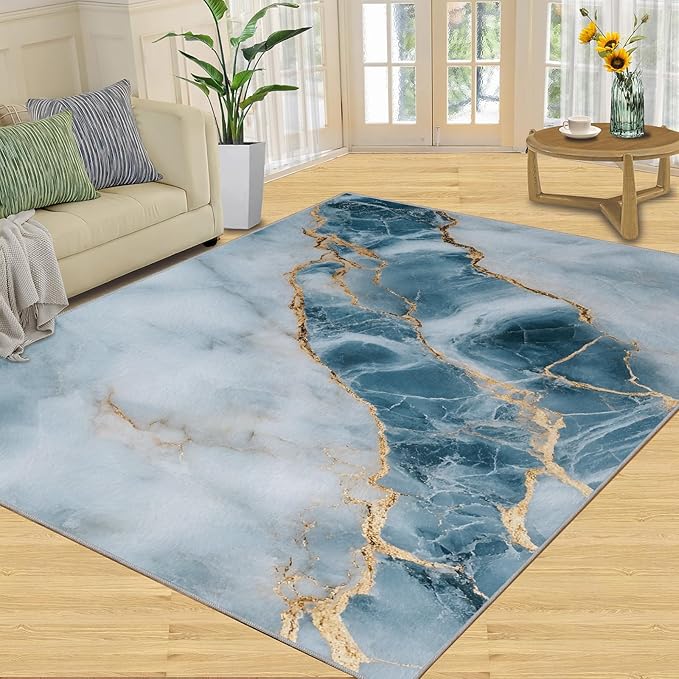 2x3 Abstract Marble Rugs for Entryway - Blue-White-Marble Small Area Rugs, Luxury Stone Pattern Laundry Room Carpet Non Slip Accent Throw Rug for Bathroom Kitchen Sink Front Door