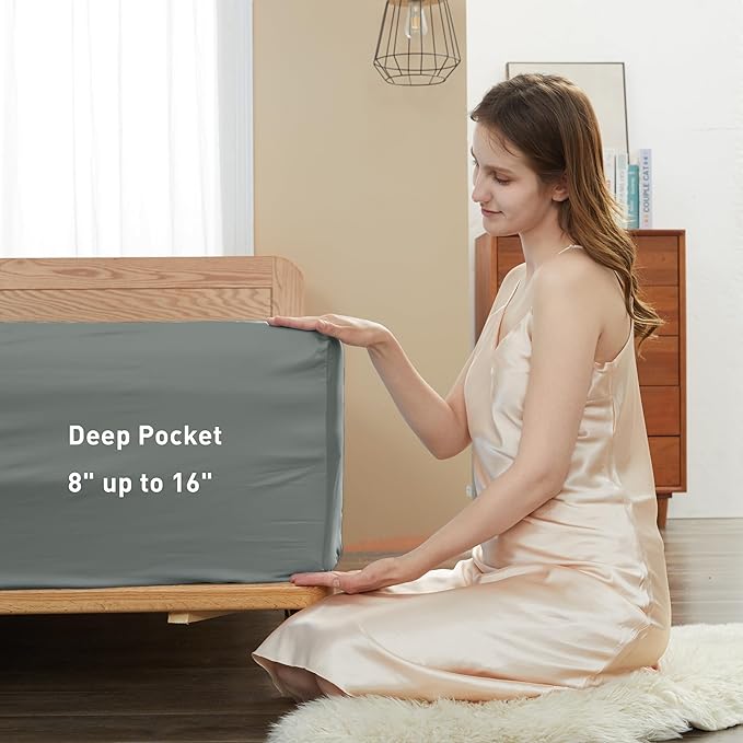 Sunflower King Fitted Sheet, 1-Piece Deep Pocket Fitted Bottom Sheet 16", 100% Cotton Sateen Soft Breathable, Ultimate Gray