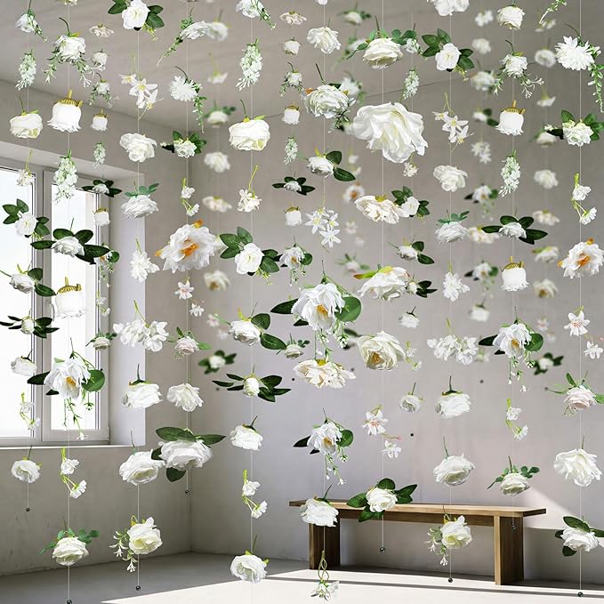 Suncalla 6 Pcs 35.46 ft Flower Garlands Backdrop Spring Artificial Wildflower Vines Floral Decorations for Party Fake Flower Vines Faux Silk Wildflower for Easter Wedding Garden Wall Arch (White)