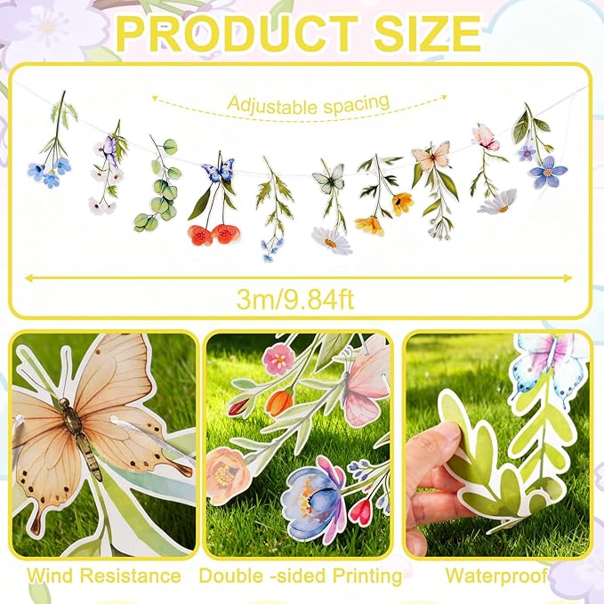 Pre-Strung Flower Garland Wildflower 2PCS Birthday Banner Tea Party Supplies Decorations Butterfly Floral Spring Leaf Daisy Bridal Shower Wedding Gard