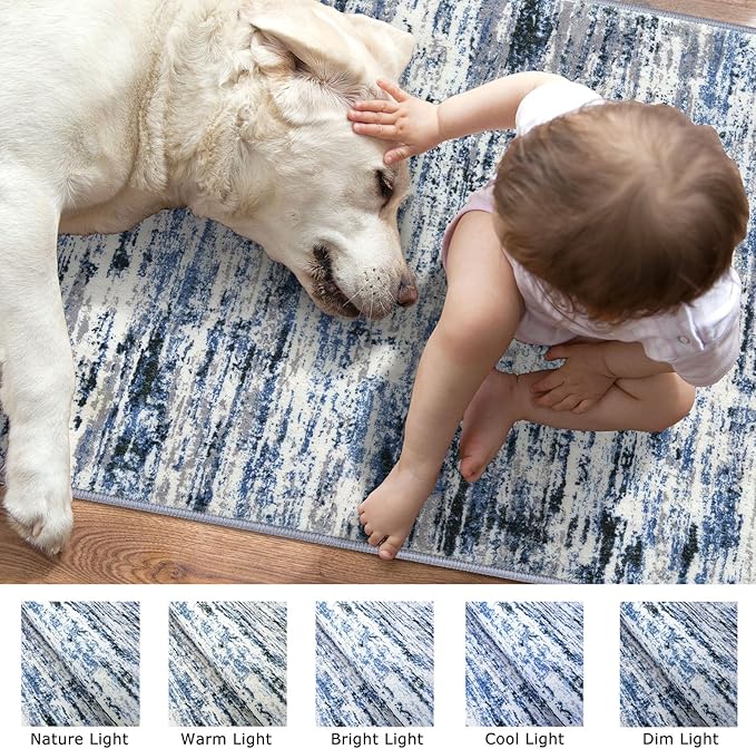 Modern Abstract Bedroom Runner Rug 2x7, Grey Blue White Washable Kitchen Runner, Non-Slip Soft Thin Faux Wool Mat for Entryway, Hallway, Laundry Room, Indoor Home Decor