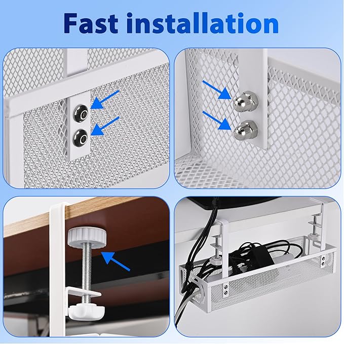 Under Desk Cable Management Tray Small – Clamp-Mounted Wire Organizer & Cord Management Under Desk Holder, No-Drill Metal Cable Tray for Home Office (White)