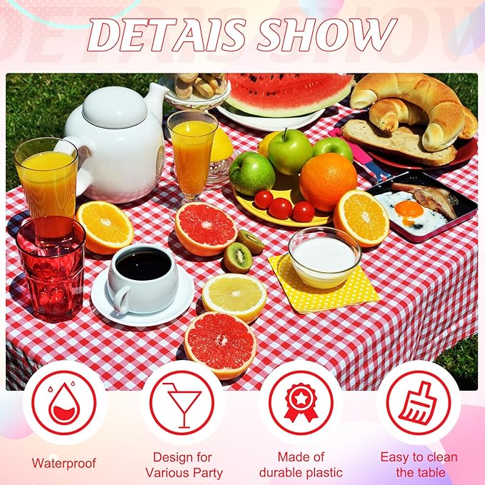 6 Pack Red and White Plastic Checkered Tablecloth, Premium Decorative Disposable Red Gingham Plaid Table Cloths for Parties, Rectangle Party Table Cover for Picnic Farm Birthday Wedding, 54x108 Inch