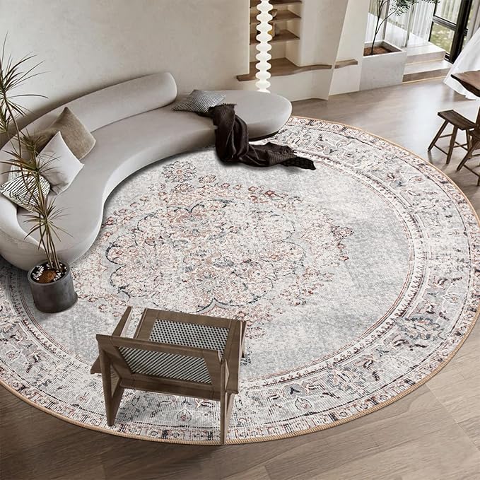 Easy-Going Round Rug 5ft Area Rug Washable Boho Circle Rugs for Living Room Non-Slip Bedroom Rug Low Pile Lightweight Vintage Distressed Throw Rug for Dining Room Kitchen Home Office, Grey Brick