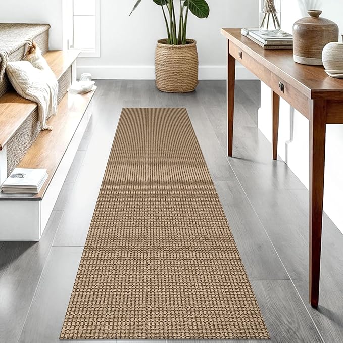 IOHOUZE Washable Runner Rug 2'x8' Rubber Backing Hallway Runner Entryway Runner Indoor, Kitchen Rugs Woven Cotton Floor Carpet for Kitchen Hall Entrance Bedroom, Tan/Brown