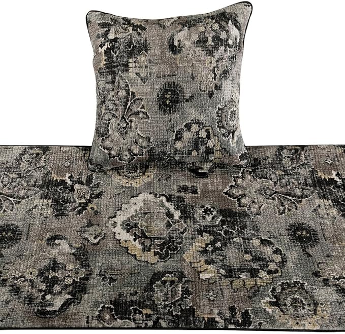 The HomeCentric Decorative Black & Grey Full 68 x 18 inch Bed Runner with 2 Pillow Cover Set, Velvet Damask with Tassels Bed Scarf, Abstract Modern - Paved Damask