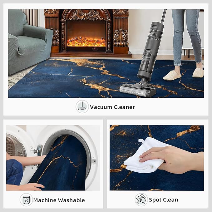 4x5 Abstract Marble Indoor Outdoor Rug - Dark-Blue-Marble Bedside Rug, Luxury Stone Pattern Washable Entry Way Rugs Kids Carpet for Inside House Playroom Living Room End Table Nursery