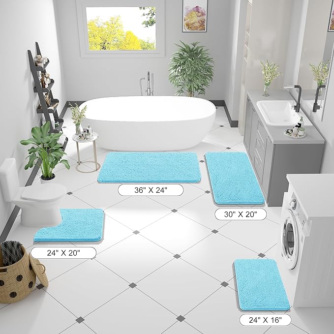 OLANLY Bathroom Rugs 47x24, Extra Soft Absorbent Chenille Bath Rugs, Rubber Backing Quick Dry, Machine Washable Bath Mats for Bathroom Floor, Tub and Shower, Home Decor Accessories, Sky Blue