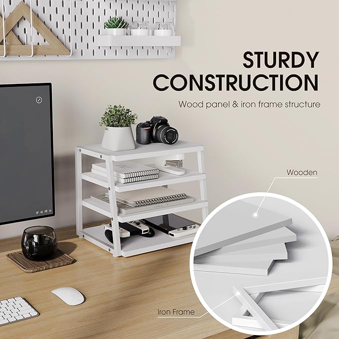 Fenge Desk Shelf Organizer, 4 Tier Desktop Shelf, Wood and Metal Office Shelves, Corner File Organizer for Office Supplies, Top of Desk Organizers and Accessories