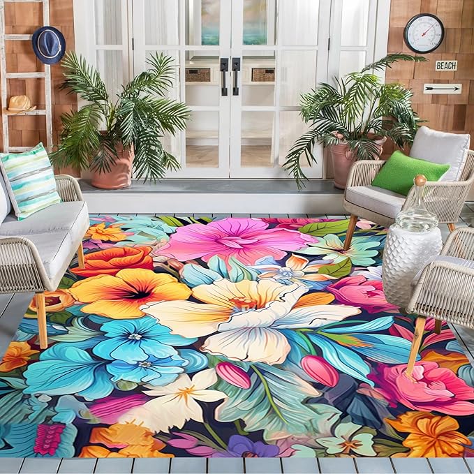 Large Floral Outdoor Rug for Patio Balcony Deck Camping Poolside Garden Machine Washable Waterproof Porch Backyard Outside Carpet 3x5 Orange Blue Pink Flower Mat Easy Clean