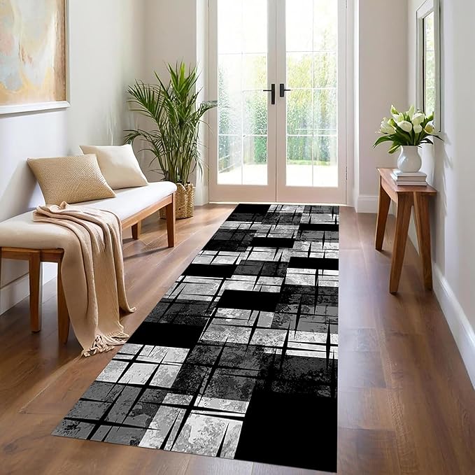Distressed Checkered Runner Rugs, 4x10ft, Washable Runner Rug with Rubber Backing, Soft Vintage Geometric Black Grey Floor Carpet for Front Door Home Office