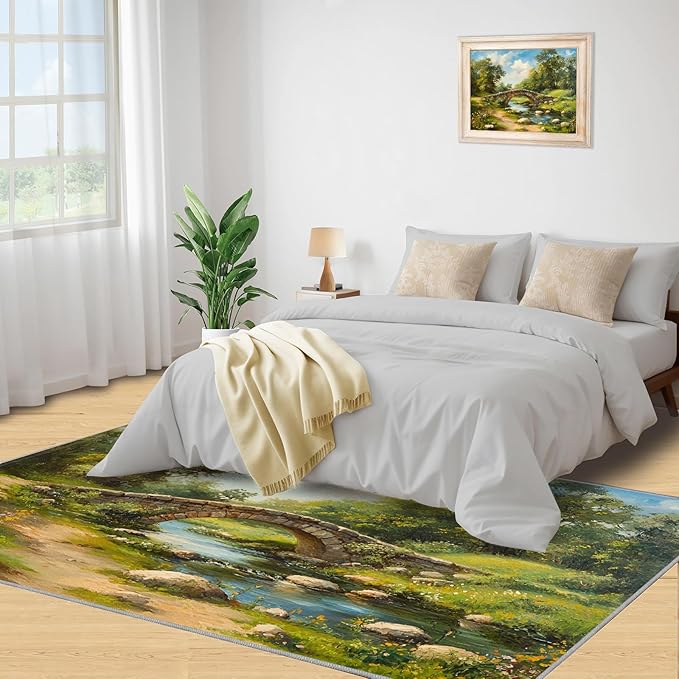 Forest Rugs for Bedroom - 5x6 Area Rug - Stone Bridge Stream Rugs for Living Room, Retro Country Style Rug, Non-Slip Washable Home Decor Carpet