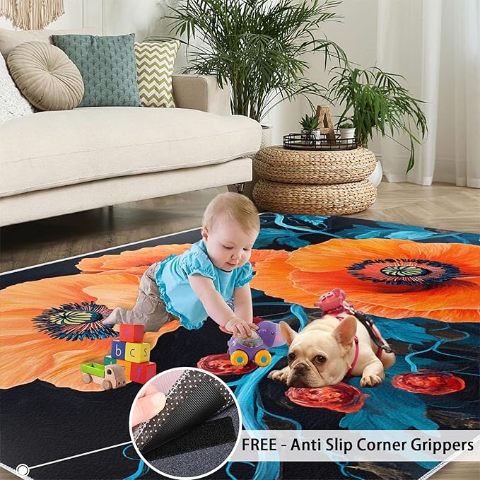 5x7 Poppy Rugs for Bedroom - Retro Flowers Art Print Rug, Rustic Florals Art Rug Non Slip Soft Rugs for Living Room Hardwood Floors Teen Room