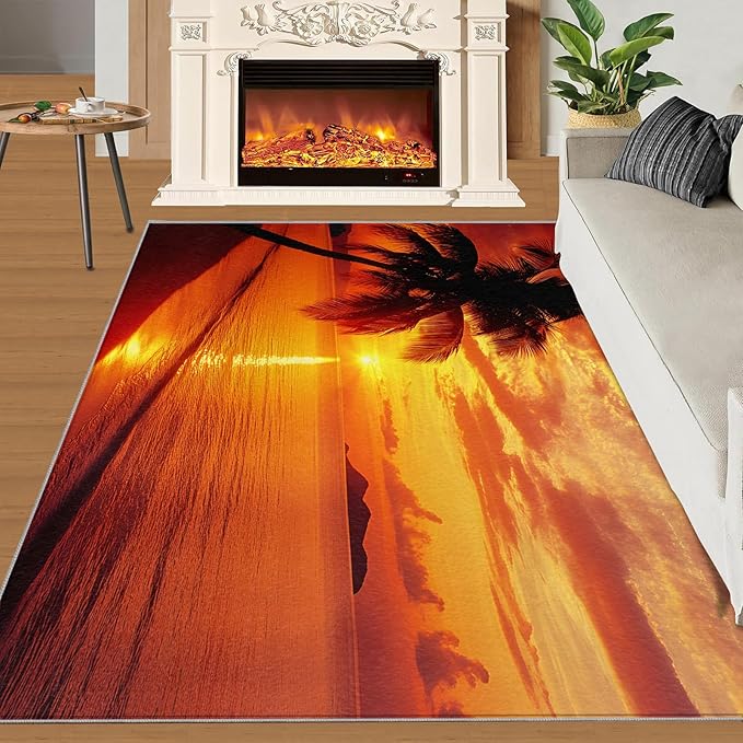 Coastal Rugs for Bedroom - 5x8 Area Rug - Ocean Beach Rugs for Living Room, Sunset Palm Trees Rug, Non-Slip Washable Home Decor Carpet