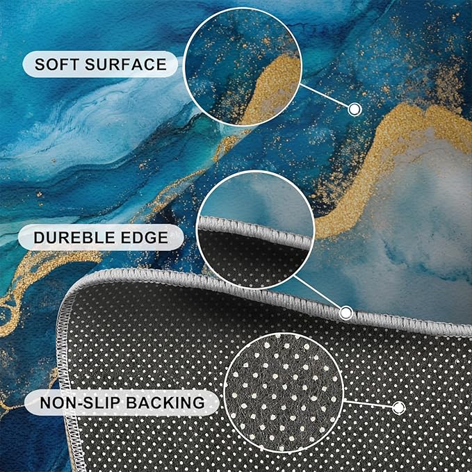 Blue Gold Marble Rugs for Bedroom - 2x3 Area Rug - Modern Fashion Marble Rugs for Living Room, European Light Luxury Art Rug, Washable Home Decor Carpet