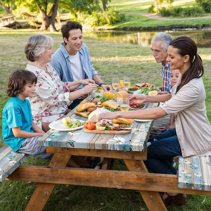 Floral Picnic Table Cover with Bench Covers, Camping Essentials, Wooden Flower Butterfly Waterproof Windproof, Fitted Tablecloth Cover with Elastic Edge, for Indoor, Outdoor, 3 PCS, 30x72 Inch