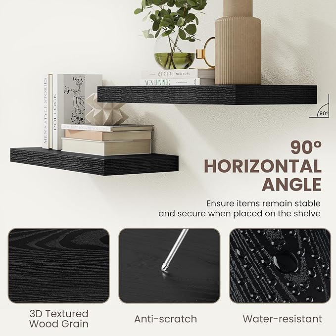 Acovy 24 Inch Floating Shelves for Wall Decor,9.3" Deep Floating Shelf Wall Book Shelves,Large Display Storage Shelf,Wall Mounted Shelves with Invisible Bracket for Living Room,Bedroom,Bathroom,Black