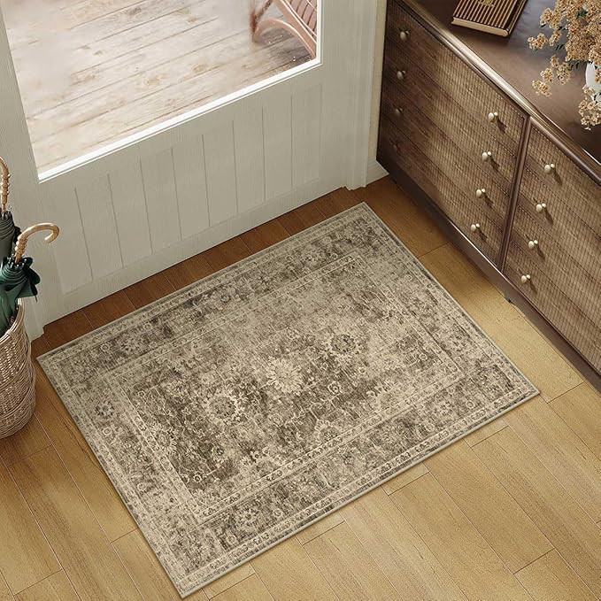 2x3 Washable Area Rug for Entryway Brown Vintage Non-Slip Low Pile Distressed Rustic Carpet Lightweight Vacuumable Door Mat Soft Small Throw Rug for Indoor Entrance Bathroom