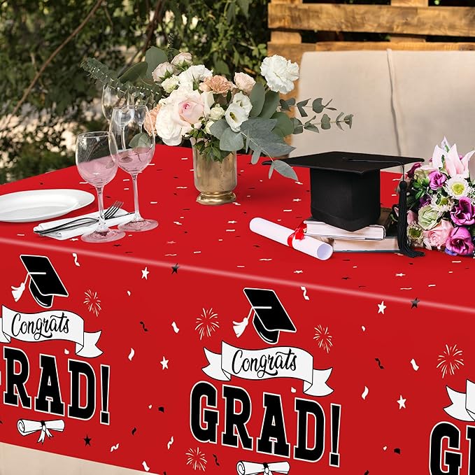 2 PCS Graduation Tablecloth, 108" X 54" Red Graduation Table Decorations 2026, Disposable Plastic Tablecover for Grad Decor Party Supplies, Rectangle Table Cloths for Class 2026 Congrats Grad for kids