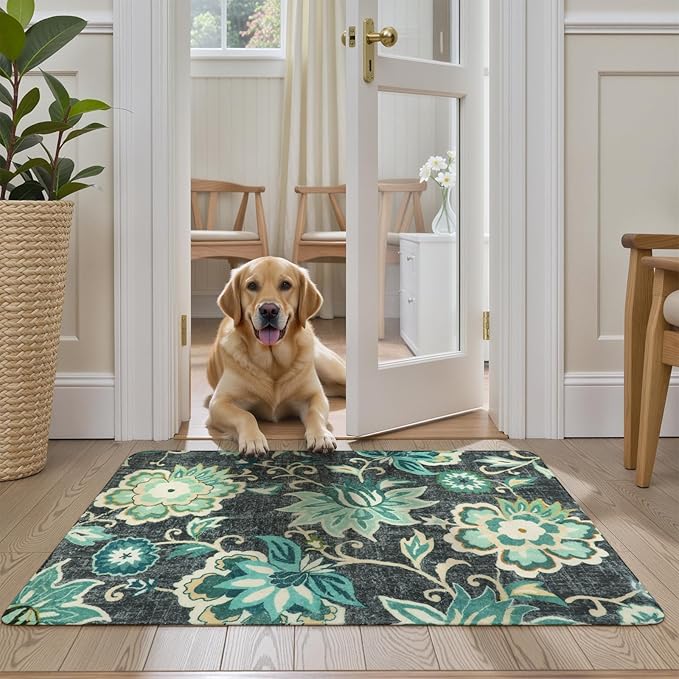 Lahome Floral Entryway Rug - 2x3 Small Throw Kitchen Rugs Non-Slip Washable Bedroom Rugs Blue Paisley Print Bathroom Mat Accent Distressed Doormat Floor Carpet for Laundry Room Living Room Office