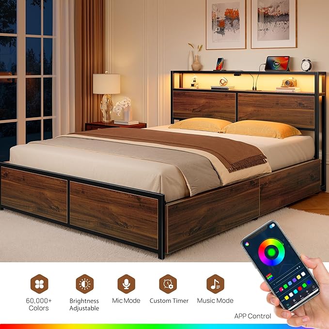 Rolanstar Queen Bed Frame with 4 Storage Drawers, Charging Station and LED