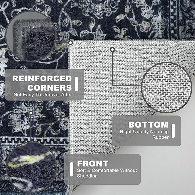 KILOCOCO Hallway Runner 2x10 Rug Runner Printed Vintage Floral Washable Non-Slip Rubber Backed Runners for Hallways Kitchen Laundry Room Entryway Bedroom, Charcoal