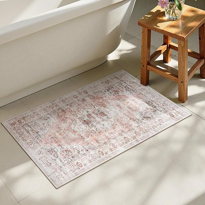 Uphome Boho Bathroom Rugs, Distressed Farmhouse Blush Pink Bath Mat, Comfy Velvet Small Bath Rugs Non Slip Washable, Vintage Oriental Toilet Rug for Sink Shower Vanity, 20x32 inch