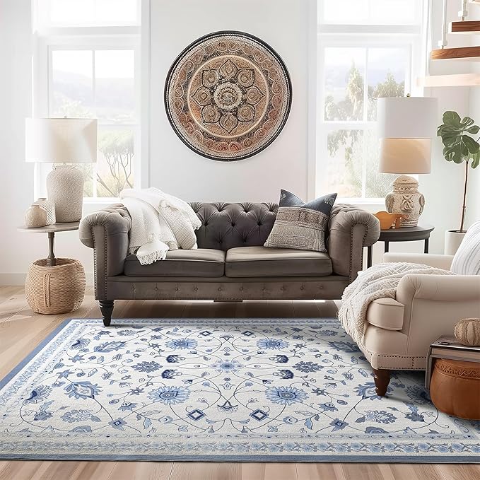 EVERGRACE Area Rugs for Living Room 8x10, Boho Floral Faux Wool Indoor Outdoor Rugs, Washable Rugs for Bedroom Dining Room Entryway Kitchen, Low Pile Floor Mat Carpet for Home Decor, Porcelain Blue