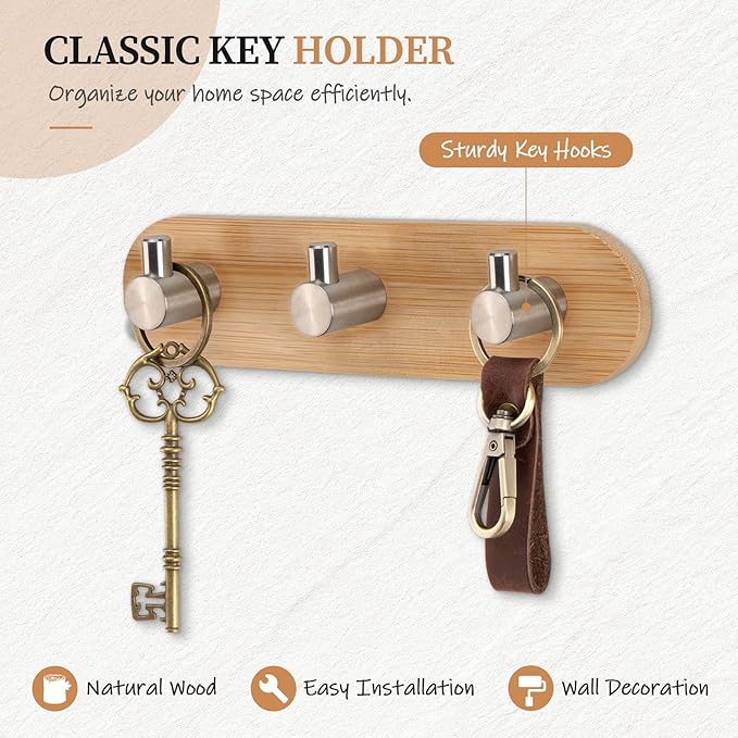 Nekon Bamboo Key Holder for Wall, Wall Mount Key Organizer with 3 Hooks, Decorative Coat Rack for Entryway, Kitchen, Bedroom, Bathroom (Silver Hooks)