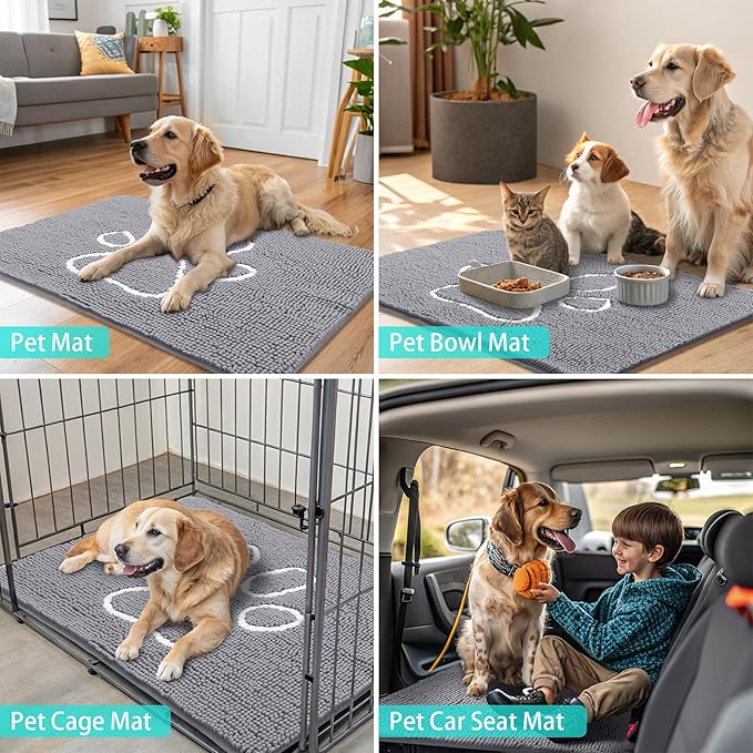 Smiry Dog Door Mat for Muddy Paws, Absorbent Dirt Trapper Non Slip Quick Dry Washable Chenille Mat for Mud Dogs, Entry Rug for Indoor and Outdoor (30x20 Inches, Grey and White)
