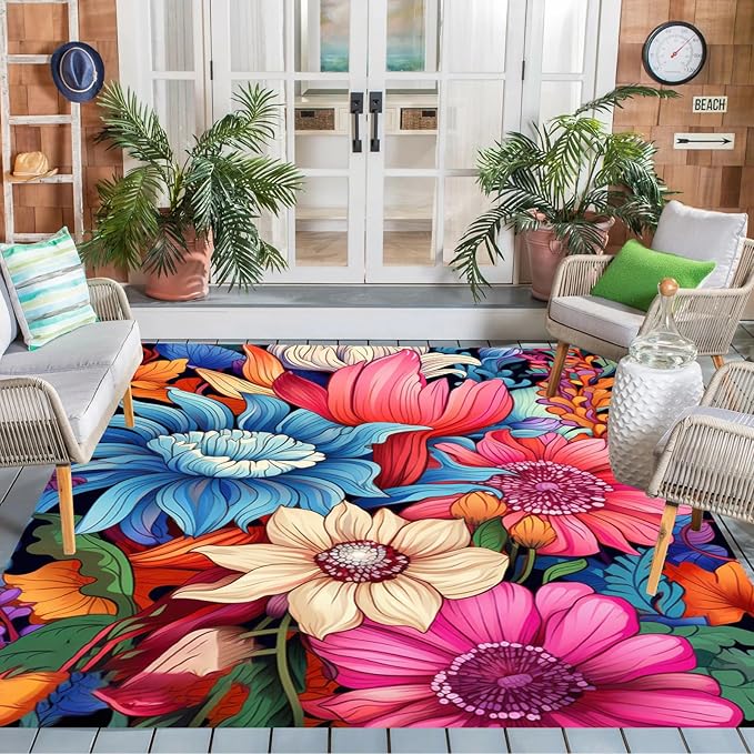 Floral Outdoor Rug Vibrant Waterproof Non Slip Patio Rugs for Balcony Garden Camping Poolside 5x7 Machine Washable Porch Deck Flower Print Outside Carpet Vintage Bathmat Blue Pink