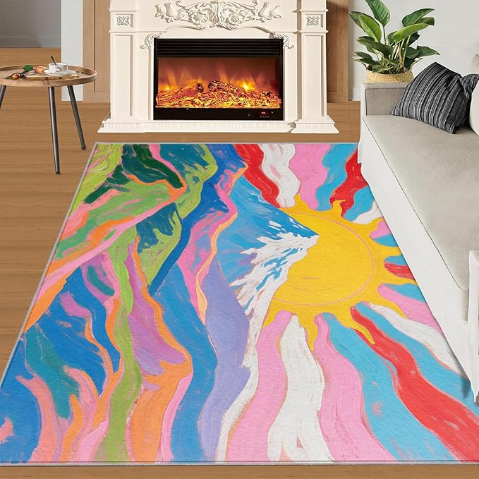 Boho Sun Area Rugs 5x8ft, Watercolor Mountain Living Room Carpet, Abstraction Deco Decorative Carpet Protect Floor for Bedroom Men Office Hardwood Floors