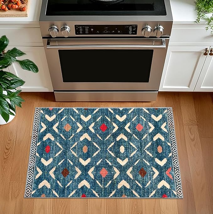 KILOCOCO Small Rug 2'x3' Entryway Rug Printed Moroccan Indoor Door Mat Machine Washable Non Slip Soft Throw Rugs for Bedroom Kitchen Entrance Geometric Boho Rugs, Teal/Blue
