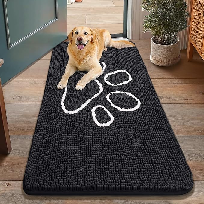 Smiry Dog Door Mat for Muddy Paws, Absorbent Dirt Trapper Non Slip Quick Dry Washable Chenille Mat for Mud Dogs, Entry Rug for Indoor and Outdoor (48x30 Inches, Black and White)