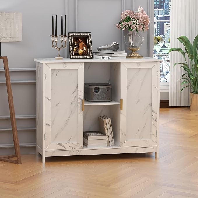 TaoHFE Marble Top Narrow Sideboard Cabinet, Modern White Marble Side Buffet