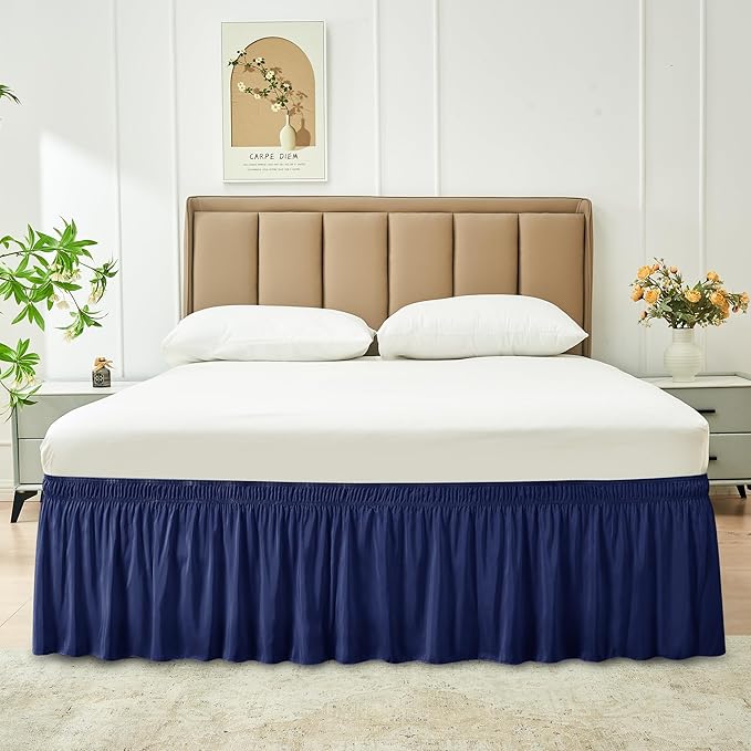 Biscaynebay Wrap Around Bed Skirts for King & Cal King Beds Extra Long Drop of 25", Navy Adjustable Elastic Dust Ruffles Easy Fit Wrinkle Resistant Silky Luxurious Fabric Machine Washable
