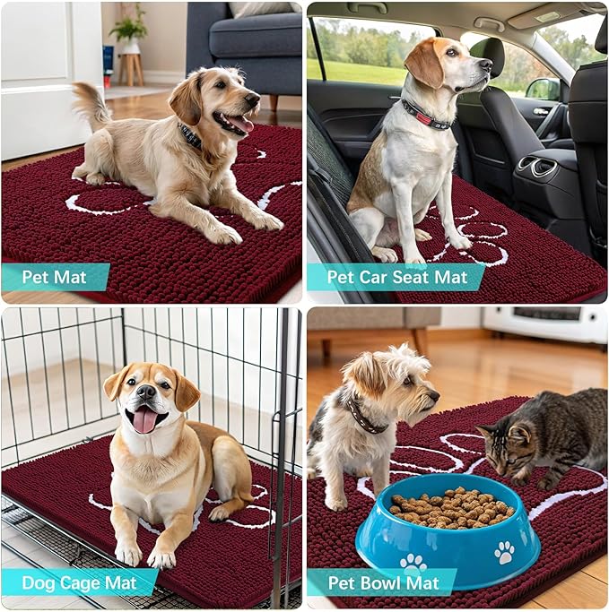 OLANLY Dog Door Mat for Muddy Paws 59x35, Paw Print Design, Absorbs Moisture and Dirt, Absorbent Non-Slip Washable Doormat, Quick Dry Chenille Mud Mat for Dogs, Entry Indoor Entryway Carpet, Burgundy