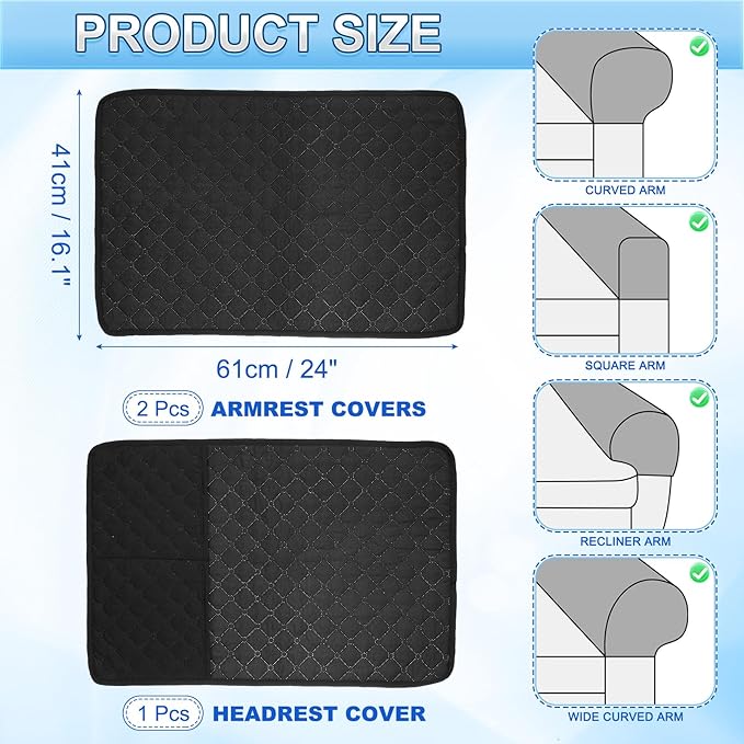 uxcell 3 PCS Armrest Covers, Couch Arm Cover Furniture Protect Slide Recliner Chair Armchair Covers with Side Storage Pocket for Sofa Recliner, Black