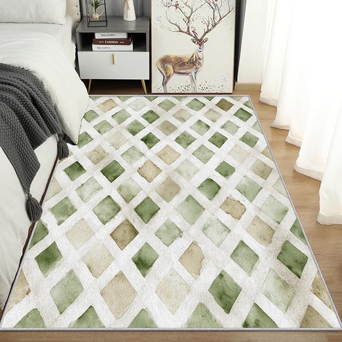 Checkered Rug, Washable 5x6 Rug for Living Room, Geometric Rhombus Patterned Indoor Carpet, Checkered Decor for Home, Bedroom, Soft Non Slip Thin Design FER37