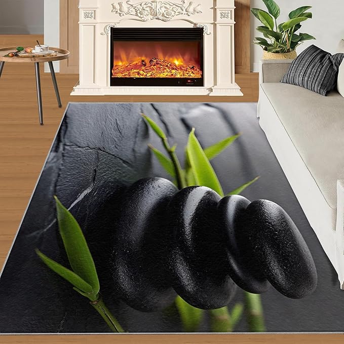 Zen Buddhism Rugs for Bedroom - 2x3 Area Rug - Black Zen Dianthus Leaf Rugs for Living Room, Meditation Yoga Rug, Washable Home Decor Carpet