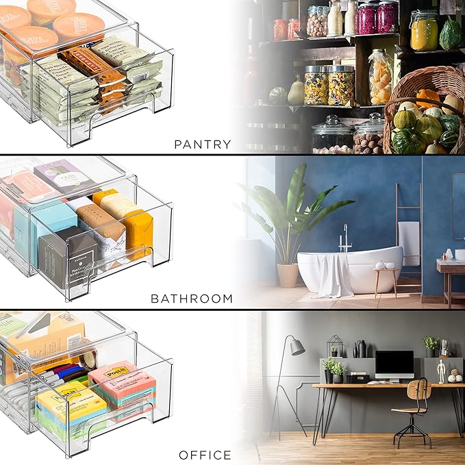 Sorbus Medium Clear Storage Drawers (2 Pack) – Stackable Organizer Drawers for Fridge, Pantry, Kitchen – Pull-Out Storage Bins with Handles, Slide Out Acrylic Drawers
