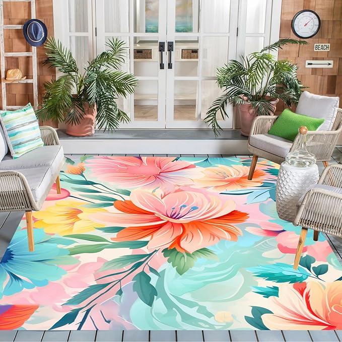 Washable Outdoor Rug with Floral Texture 3x8 Waterproof Non Slip Vibrant Area Rugs for Patio Deck Garden Balcony Large Flower Print Camping Porch Backyard Outside Carpet Aqua Pink