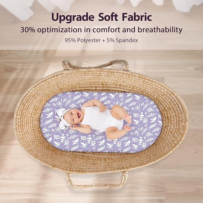 Baby Bassinet Sheets Girl Boy, Fitted Bassinet Sheet Set 3 Pack Bassinet Mattress Sheets Universal Fit for Rectangle, Round, Oval, Hourglass Mattress, Soft Breathable Purple Leaf