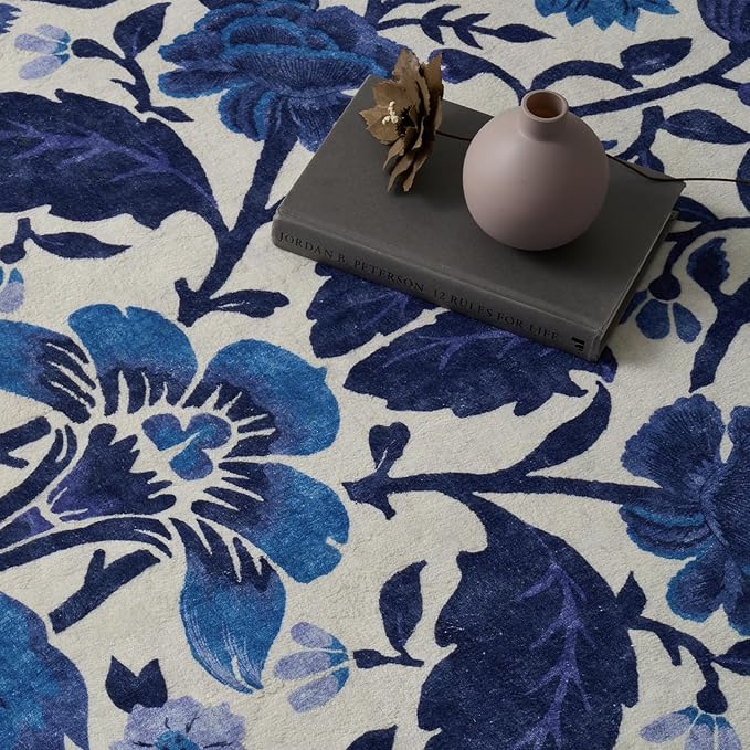 EVERGRACE Hallyway Area Runner Rugs 2x8, Boho Floral Faux Wool Indoor Outdoor Rugs, Washable Rugs for Bedroom Dining Room Living Room Kitchen, Low Pile Floor Mat Carpet for Home Decor, Celtic Blue