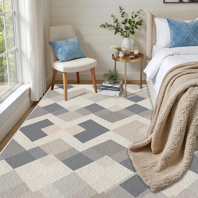 Modern Area Rug Living Room Rugs 5x8, Minimalist Soft Boho Geometric Rug, Non-Slip Washable Low Pile Non Shedding Carpet for Bedroom Office Dining Room Kitchen Nursery, Gray Beige White