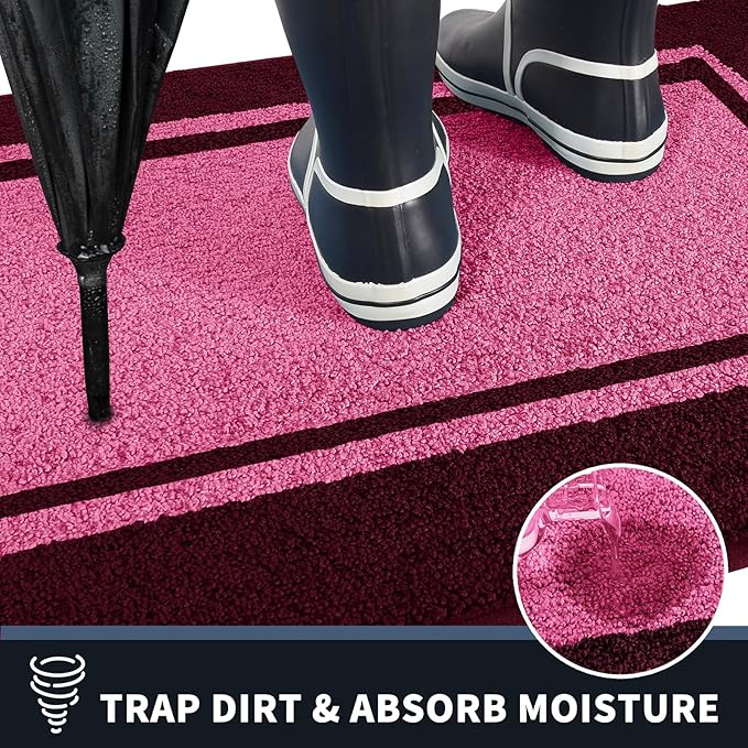 PURRUGS Dirt Trapping Door Mat 24" x 36", Non-Slip/Skid Machine Washable Entryway Rug, Shoes Scraper, Area Rug, Super Absorbent Welcome Mat for Muddy Wet Shoes and Paws, Pink & Burgundy Red