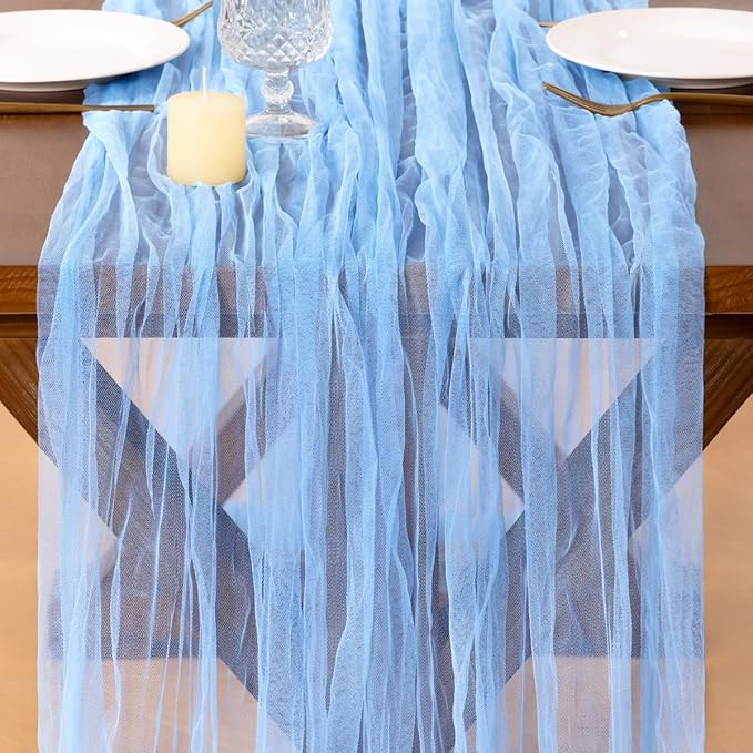 Socomi Blue Cheesecloth Table Runner Tulle Gauze Cheese clothBoho Rustic 120 inch 10FT Runner for Wedding Party Baby Shower Birthday Holiday Decorations 3pcs