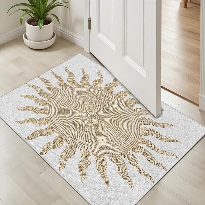Boho Washable Rugs for Bedroom 6x9, Modern Sun Print Soft Minimalism Area Rug, Non Slip Low Pile Abstract Carpet for Classroom Living Room Decor Dining Room Sofa Kids Nursery Room, Beige Yellow