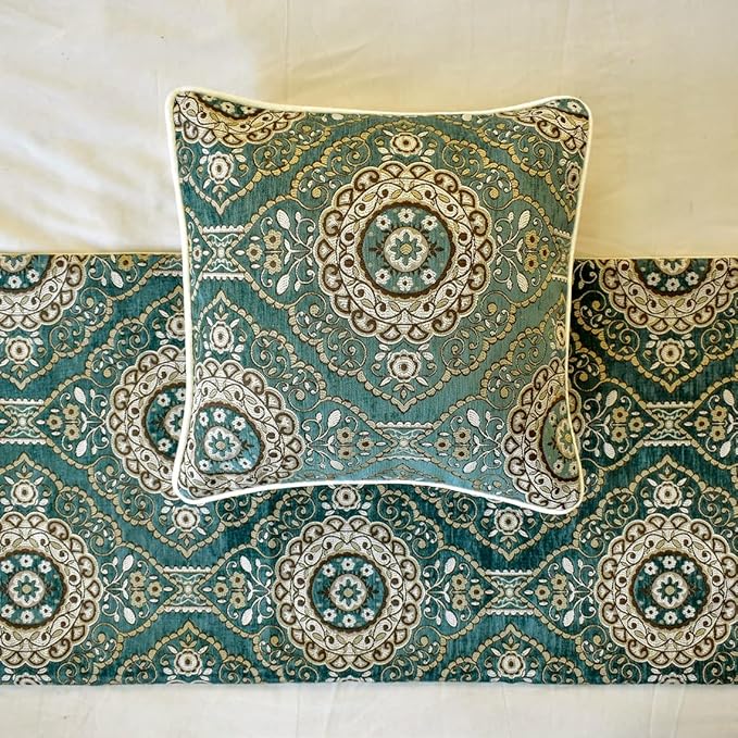 The HomeCentric King/Queen/Twin Teal Decorative Twin 53"x18" Bed Runner with 2 Pillow Cover, Art Deco, Floral, Tassels & Velvet Bed Scarf on Velvet Fabric - Ahmet